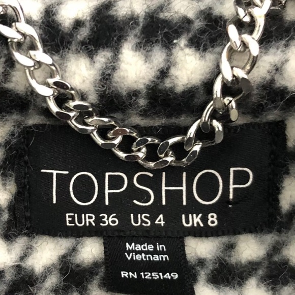 TOPSHOP B/W Houndstooth Wool Blend Pea Coat w Belted Collar & Hem Zipper Pockets - Picture 4 of 13